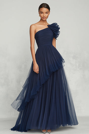 Tulle bleu marine Une ligne Une épaule froncé Robe formelle